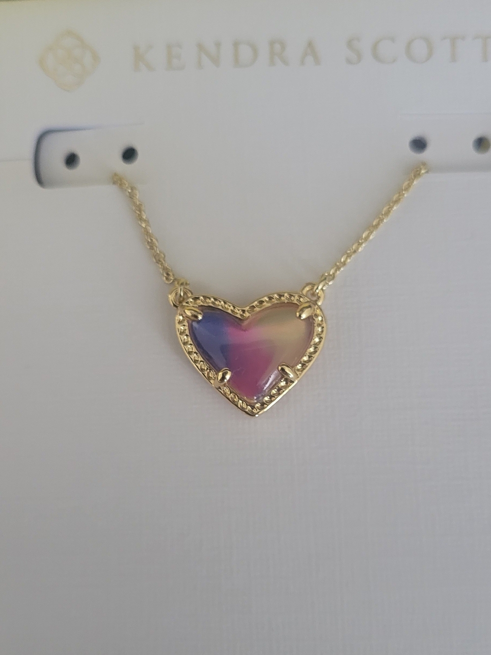 Kendra Scott Gold Heart Necklace with Pink and Purple Gradient Stone With Box